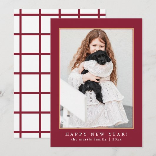 Classic Red Check Happy New Year One Foto Feestdagenkaart (Voorkant / Achterkant)
