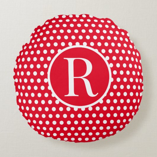 Classic Red Custom initiaal letter Polka Dot Rond Kussen (Voorkant)