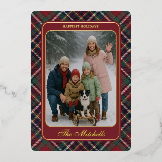 Classic Red Dark Blue Green Plaid Pattern Gold Folie Feestdagenkaart (Voorkant)