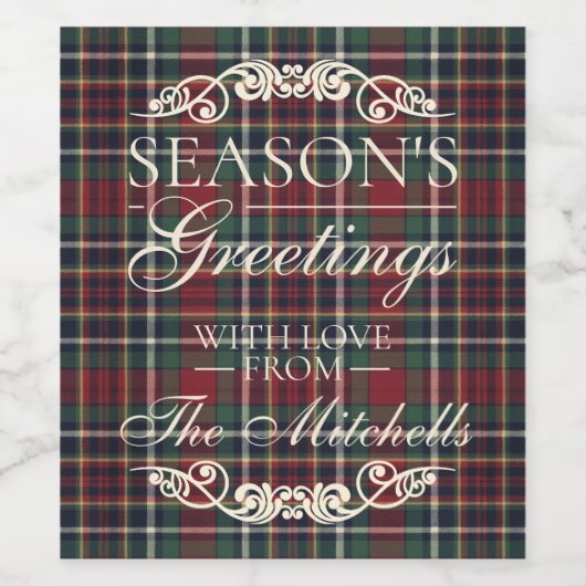 Classic Red Dark Blue Green Plaid Pattern Wijn Etiket (Enkel label)