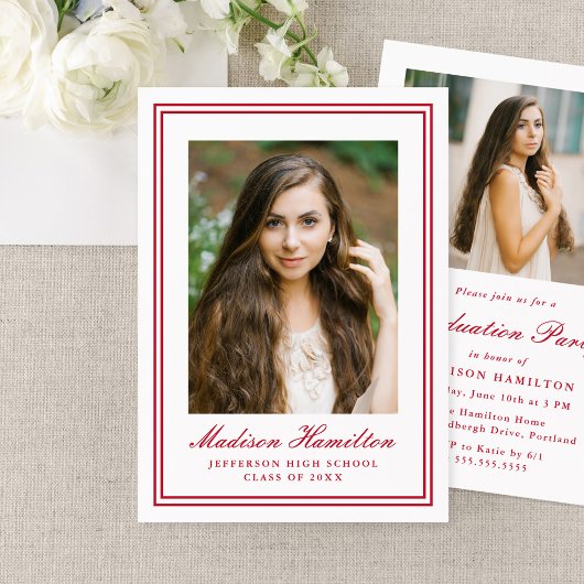 Classic Red Double Border Frame Photo Graduation Kaart