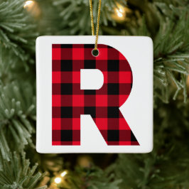 Classic Red en Black Buffalo Check R Monogram Keramisch Ornament
