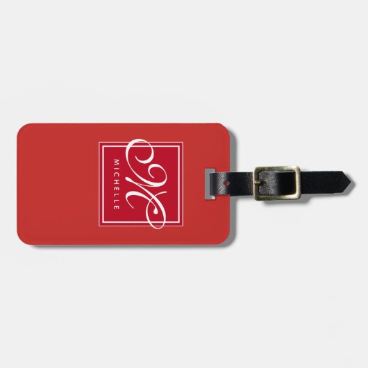 Classic Red en White Script Monogram Bagagelabel (Voorkant horizontaal)