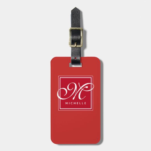 Classic Red en White Script Monogram Bagagelabel (Voorkant verticaal)
