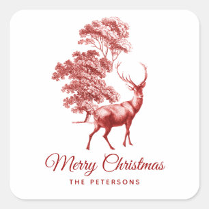 Classic Red French Toile Deer in Forest Vierkante Sticker