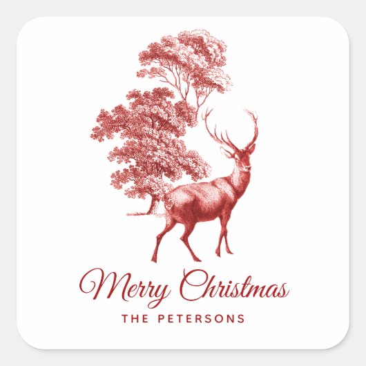 Classic Red French Toile Deer in Forest Vierkante Sticker (Voorkant)