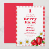 Classic Red Gingham Aardbeien Meisje 1e Verjaardag Kaart (Voorkant / Achterkant)