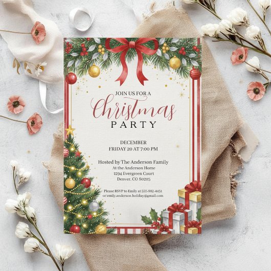 Classic Red Gold Christmas Invitation Kaart