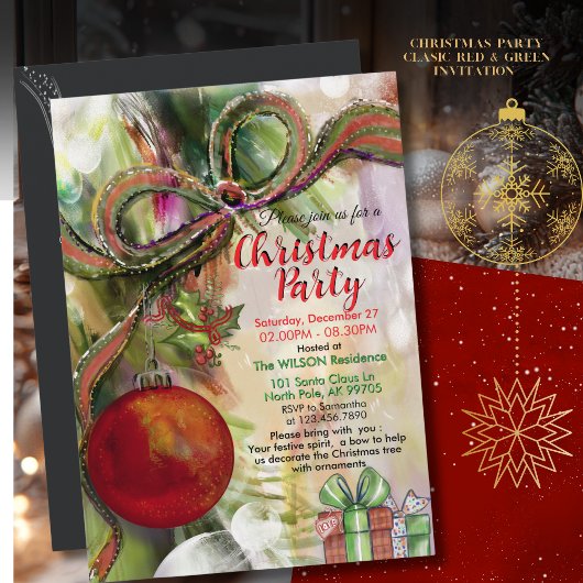 Classic Red Green Bow Watercolor Christmas Party  Kaart