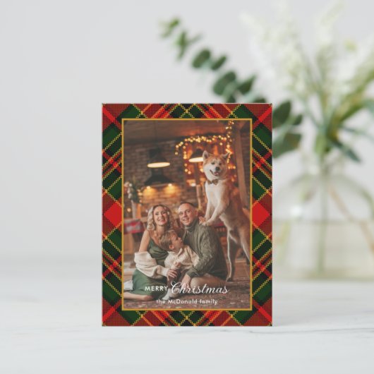 Classic Red, Green, Gold Christmas Plaid 1-Photo Feestdagenkaart (Staand voorkant)