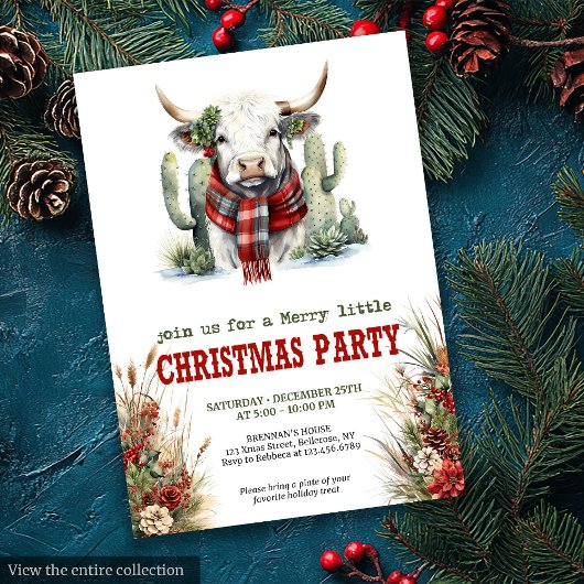 Classic Red Green Highland Cow Christmas Invite Kaart