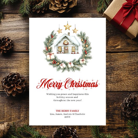 Classic Red Green Holiday Scene Greeting Card Feestdagenkaart