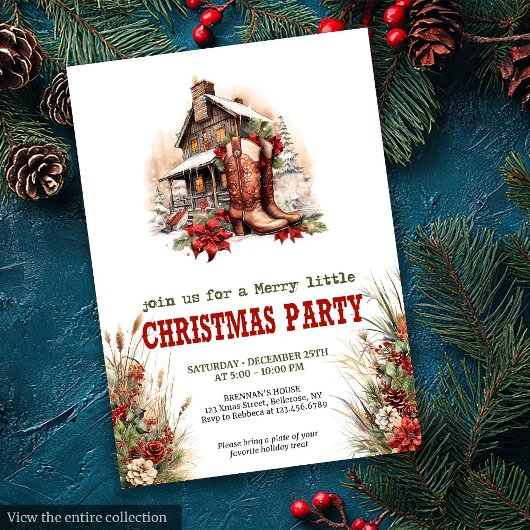 Classic red green ranch Christmas party invite Kaart
