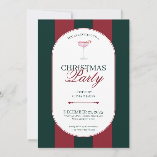 Classic red green stripe Christmas Invitation Kaart (Voorkant)