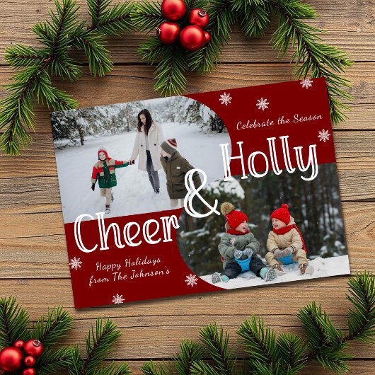 Classic Red Holly & Cheer 2 Familiefoto Kerstmis Feestdagenkaart