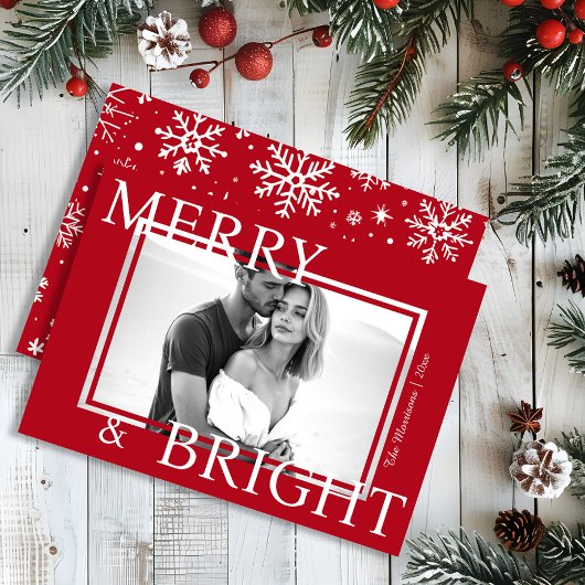 Classic Red Merry & Bright Bold Snowflake Photo Feestdagenkaart