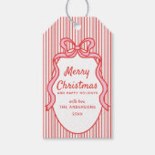 Classic Red Pink Stripes & Bow Frame Christmas  Cadeaulabel (Voorkant)