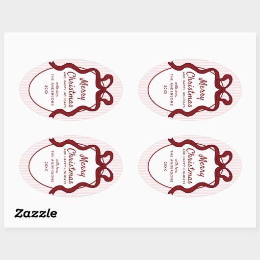Classic Red Pink Stripes & Bow Frame Christmas  Ovale Sticker (Vel)