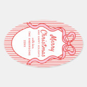 Classic Red Pink Stripes & Bow Frame Christmas  Ovale Sticker (Voorkant)
