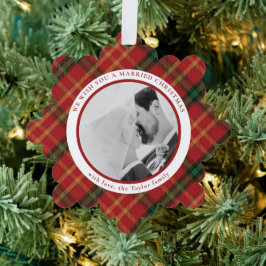 Classic Red Plaid Kerstfoto Ornament Kaart