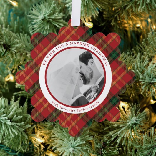 Classic Red Plaid Kerstfoto Ornament Kaart (Insitu (Drie))