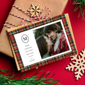 Classic Red Plaid Kerstnaam Monogram 1 Foto Feestdagenkaart