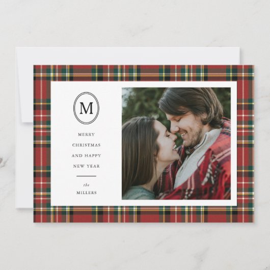 Classic Red Plaid Kerstnaam Monogram 1 Foto Feestdagenkaart (Voorkant)