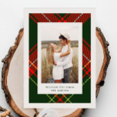 Classic Red Plaid Three Photo Christmas Card Kaart