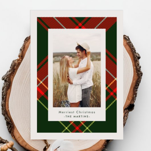 Classic Red Plaid Three Photo Christmas Card Kaart