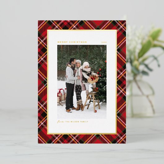 Classic Red Pset Pattern Merry kerstfoto Folie Feestdagenkaart (Staand Voorkant)