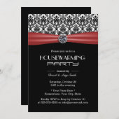 Classic Red Ribbon & Damask Housewarming Party Kaart (Voorkant / Achterkant)