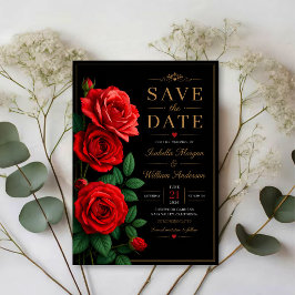 Classic Red Rose Elegant Black and Gold Floral Save The Date