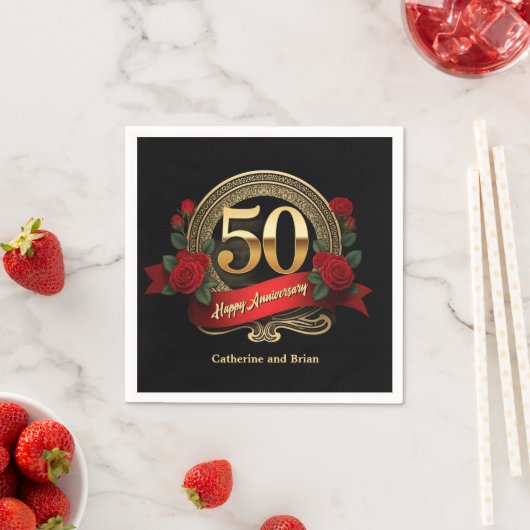 Classic Red Roses & Gold 50ste bruiloft Jubileum Servet (Insitu)