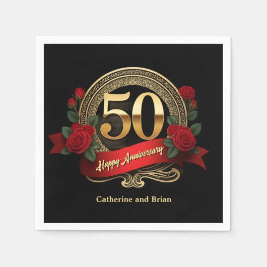 Classic Red Roses & Gold 50ste bruiloft Jubileum Servet (Voorkant)