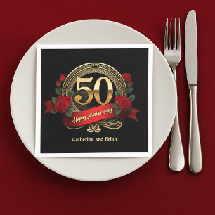 Classic Red Roses & Gold 50ste bruiloft Jubileum Servet