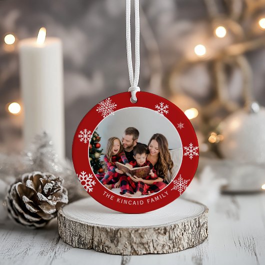 Classic Red Snowflake Family Photo Ornament