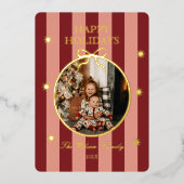 Classic Red Striped Photo Holiday Card Folie Feestdagenkaart (Voorkant)