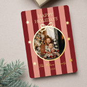 Classic Red Striped Photo Holiday Card Folie Feestdagenkaart