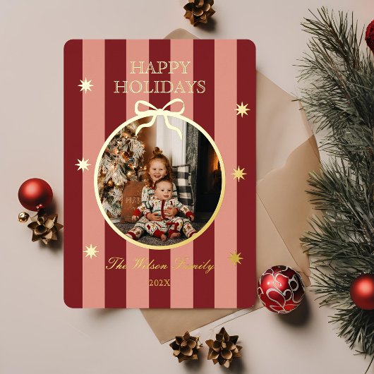 Classic Red Striped Photo Holiday Card Folie Feestdagenkaart
