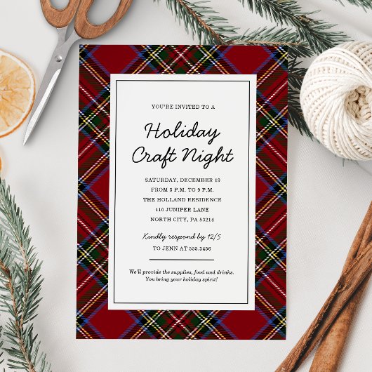 Classic Red Tartan Holiday Craft Night Party Kaart