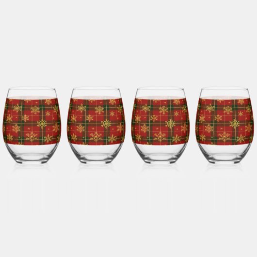 Classic Red Tartan with Golden Snowflakes Wijnglas Zonder Voet (Voorkant)