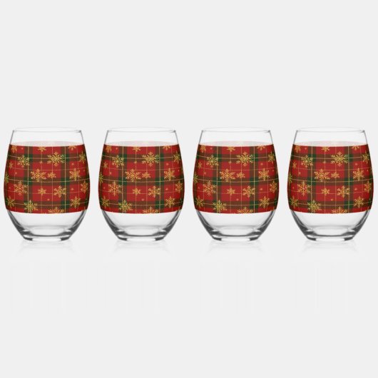 Classic Red Tartan with Golden Snowflakes Wijnglas Zonder Voet (Rechts)