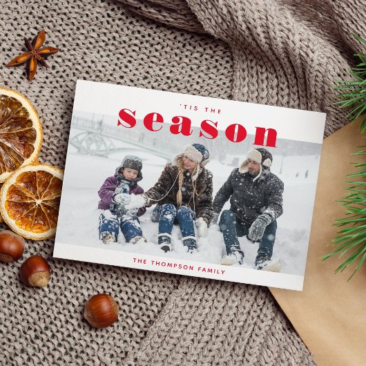 Classic Red Tis the Season Photo met kerstfeestdag Briefkaart