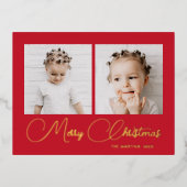 Classic Red Two Photo Christmas Folie Feestdagen Briefkaart (Voorkant)