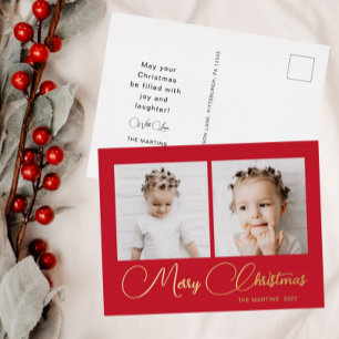 Classic Red Two Photo Christmas Folie Feestdagen Briefkaart