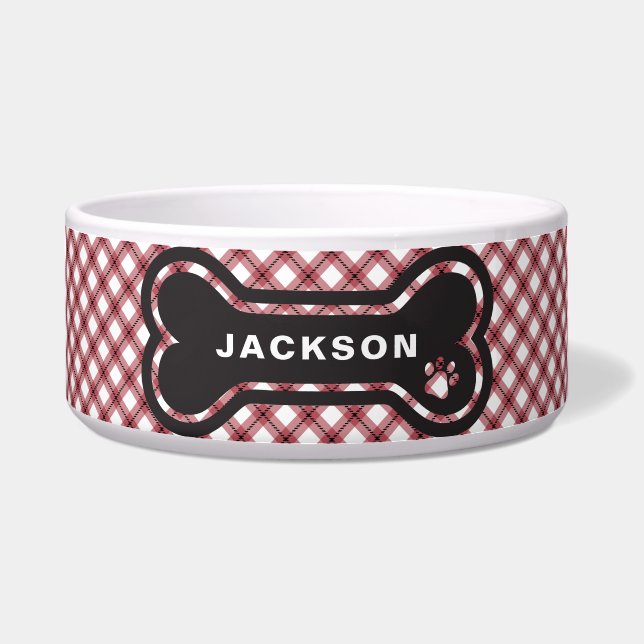 Classic Red & White Argyle Plaid Dog Bone Voerbakje (Voorkant)