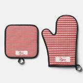 Classic Red & White Gingham | Personalized Name Ovenwant & Pannenlap Set (Voorkant)