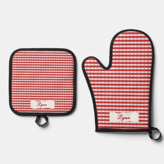 Classic Red & White Gingham | Personalized Name Ovenwant & Pannenlap Set (Voorkant)