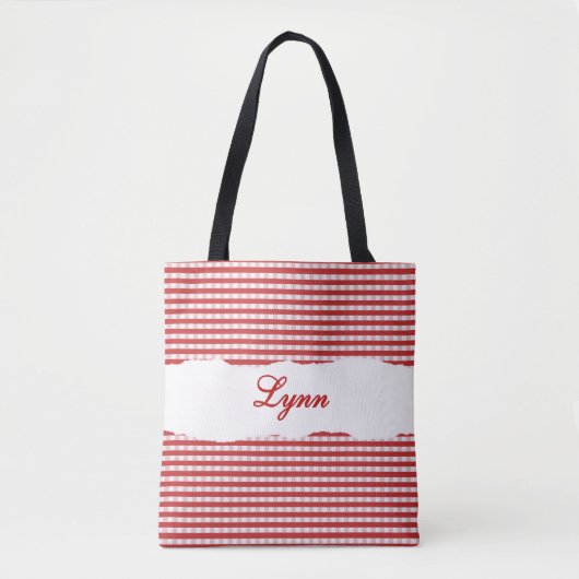 Classic Red & White Gingham | Personalized Name Tote Bag (Voorkant)