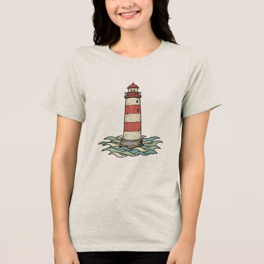 Classic Red & White Lighthouse with Ocean Waves Tri-Blend Shirt (Voorkant)